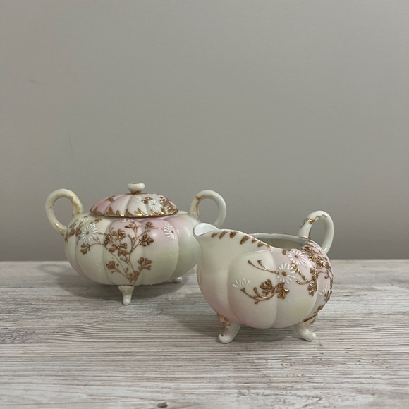Antique Hand Painted Gilded Japanese Cream & Sugar Set